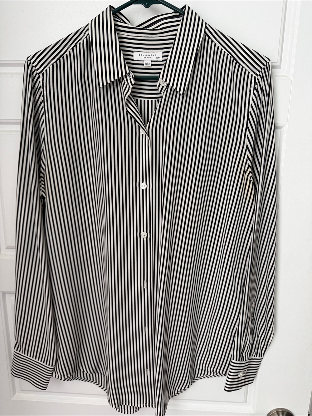 Equipment Silk Black and White Vertical Stripe Blouse